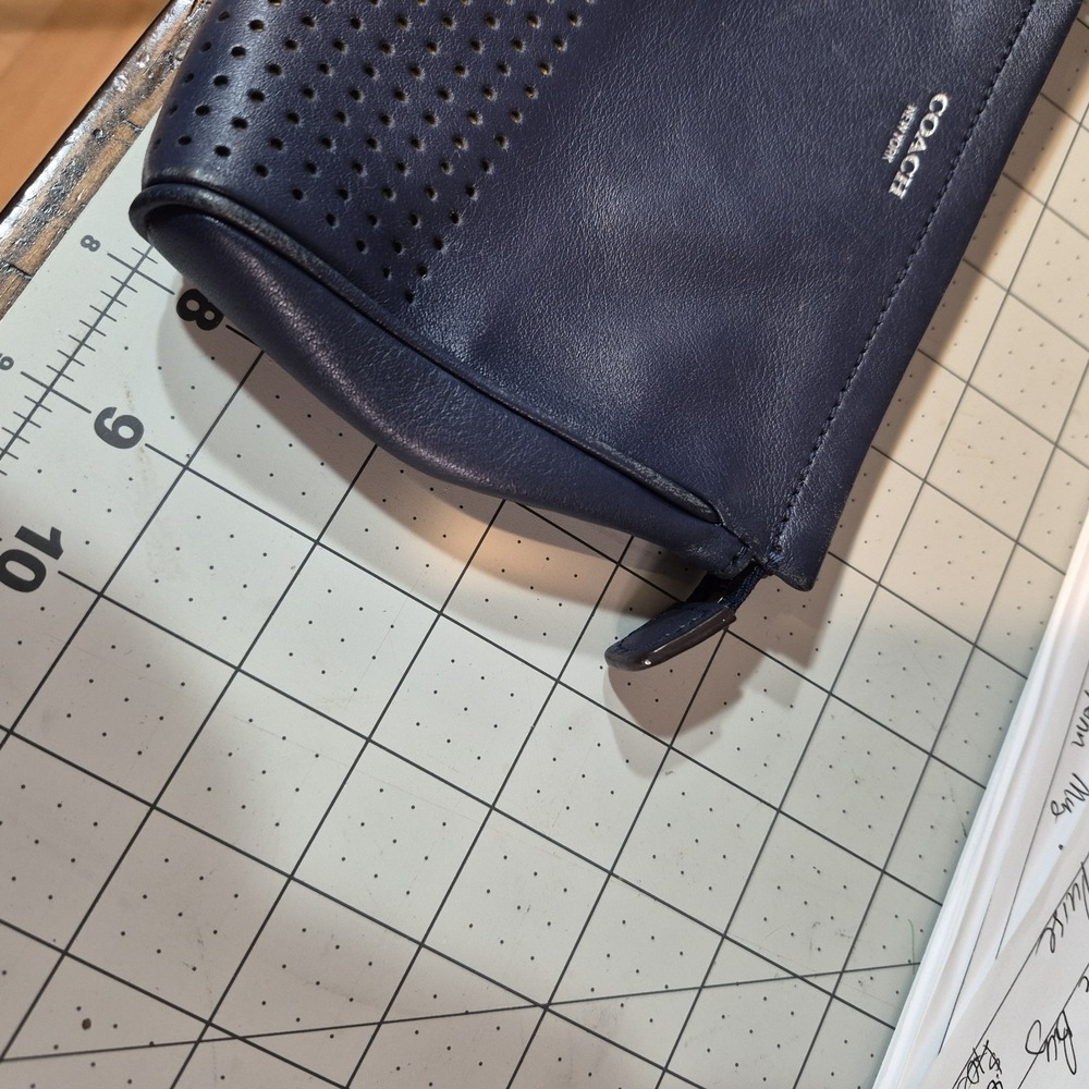 Coach Legacy Navy Blue Perforated Leather Zip Clutch Wristlet with Tassels - Picture 6 of 8
